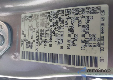 2002 Nissan Frontier Se-V6 z USA, uszkodzony, nr VIN 1N6ED29X42C339820